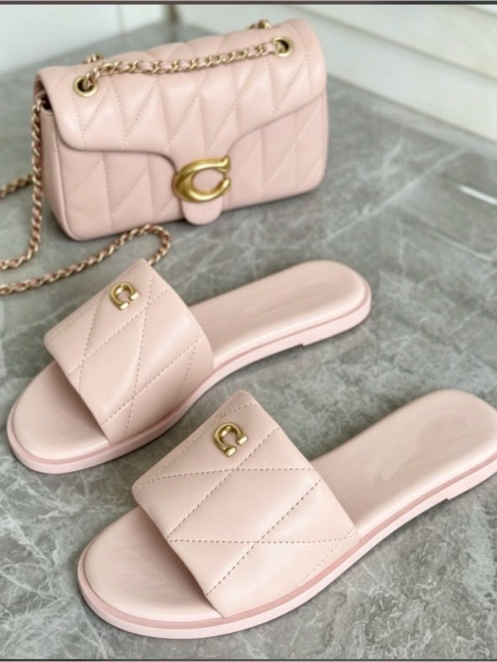 Coach Quilted Pale Pink Slide Sandals with Gold Hardware